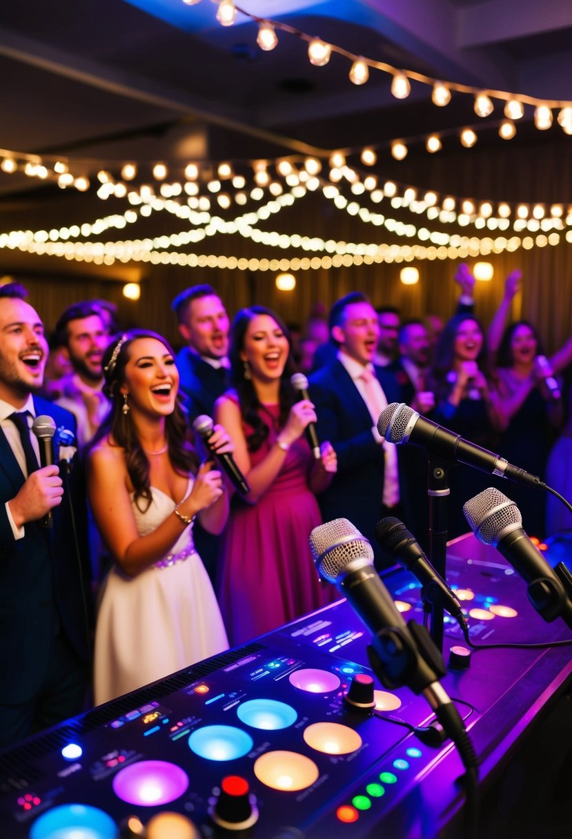 A festive karaoke station at a wedding after-party with colorful lights, microphones, and a lively crowd cheering on the singers