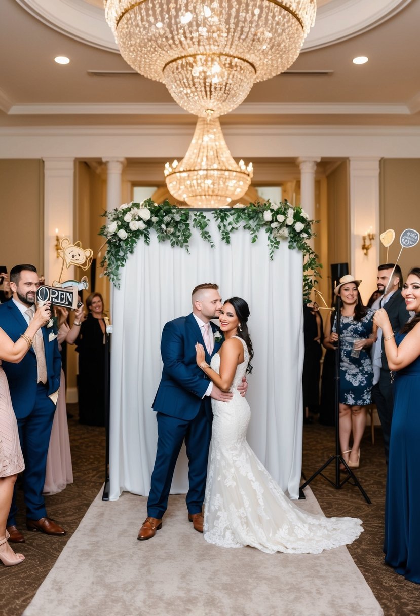 A photo booth wedding venue open house with elegant decor, twinkling lights, and a variety of fun props for guests to use