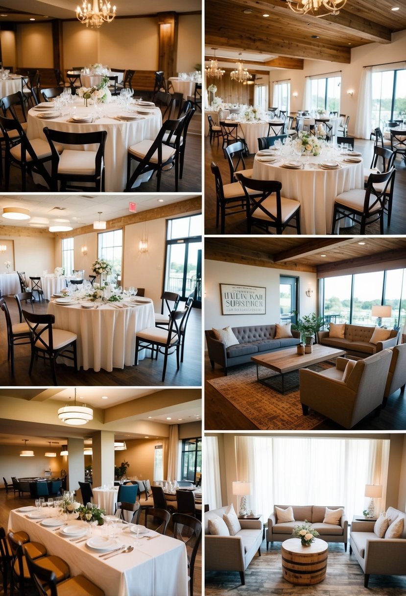 Various seating arrangements at a wedding venue open house: round tables with elegant linens, rustic wooden benches, and cozy lounge areas with plush sofas and armchairs