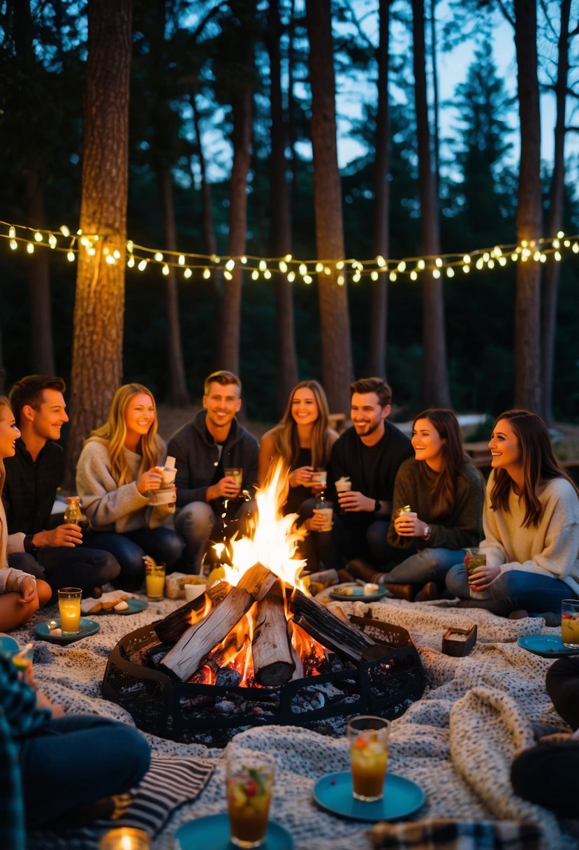 A group of friends gather around a crackling bonfire, with fairy lights strung up in the trees and cozy blankets spread out on the ground. Tables are set with s'mores ingredients and drinks, while music plays softly in the background