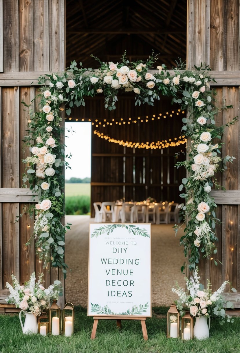 A rustic barn adorned with fairy lights and floral arrangements, showcasing DIY wedding decor ideas. A sign welcomes visitors to a wedding venue open house