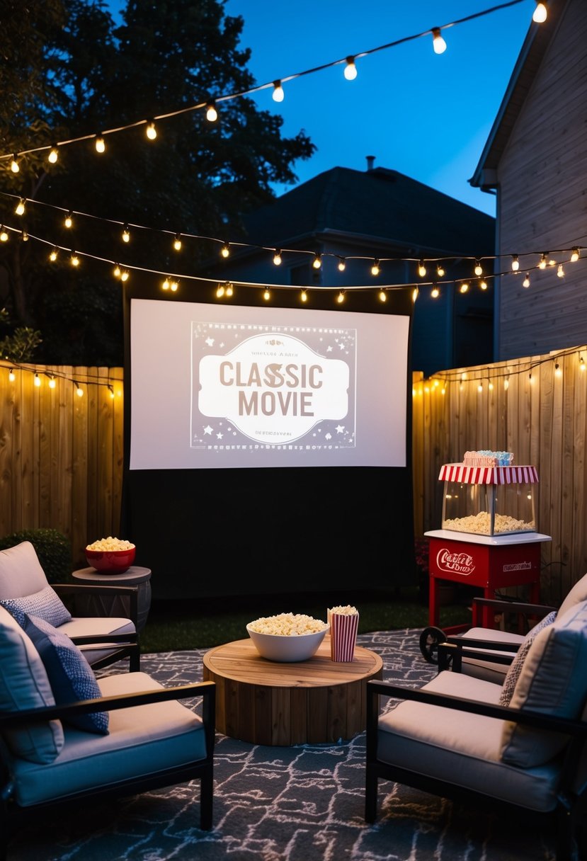 A dimly-lit backyard with a large screen showing a classic movie, surrounded by cozy seating, string lights, and a popcorn and candy bar