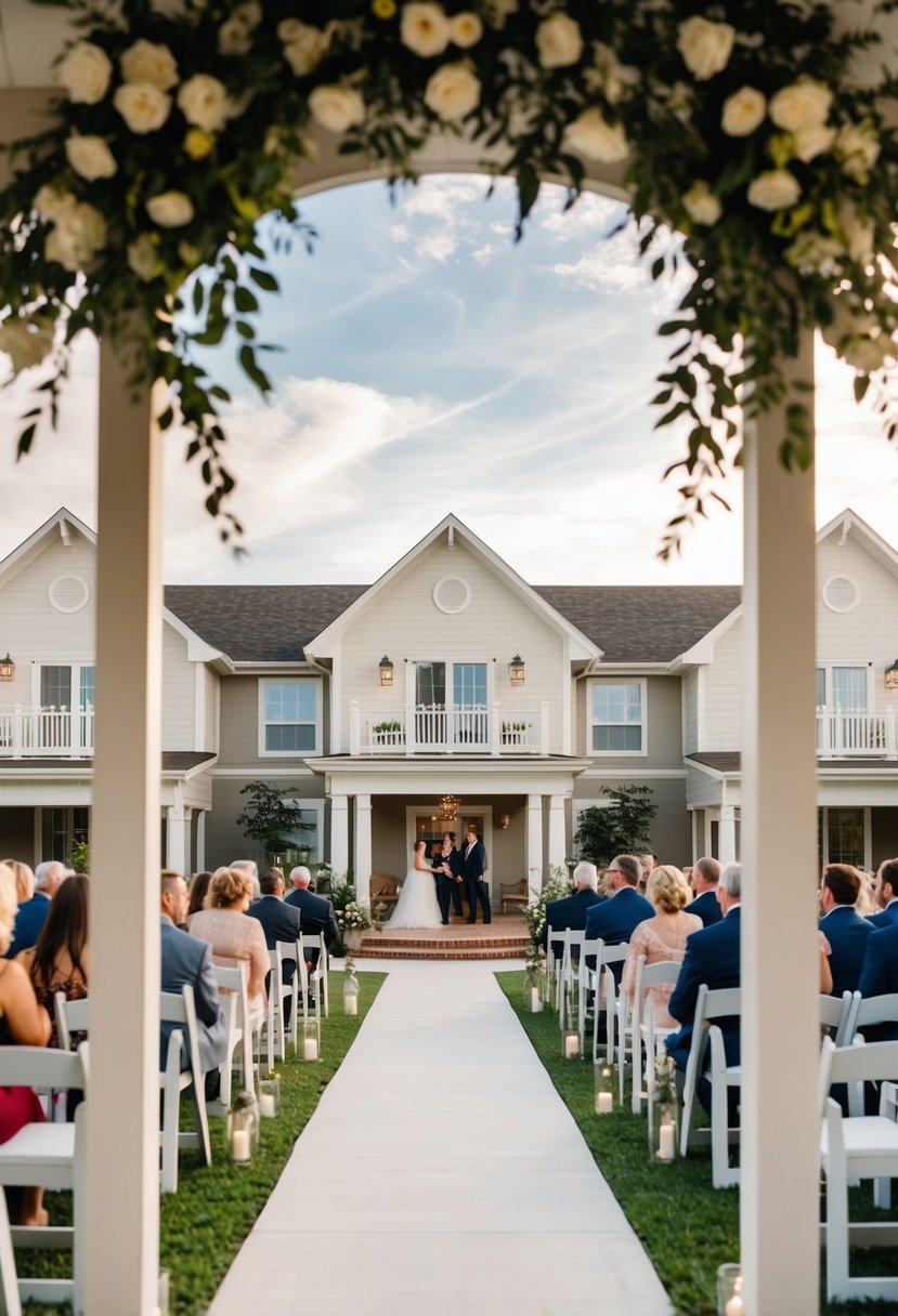 A picturesque wedding venue with on-site accommodations, featuring an open house event with tasteful decor and inviting ambiance