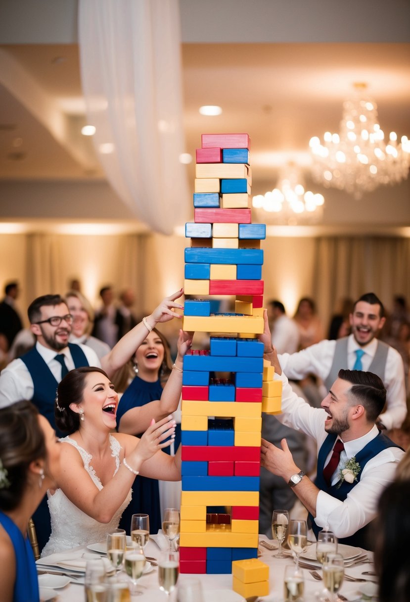 A group of guests play a giant Jenga competition, with the tower towering over the wedding reception. Laughter and cheers fill the air as the blocks teeter and tumble