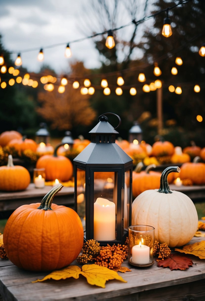 A rustic outdoor wedding with pumpkins, autumn leaves, and candlelit lanterns