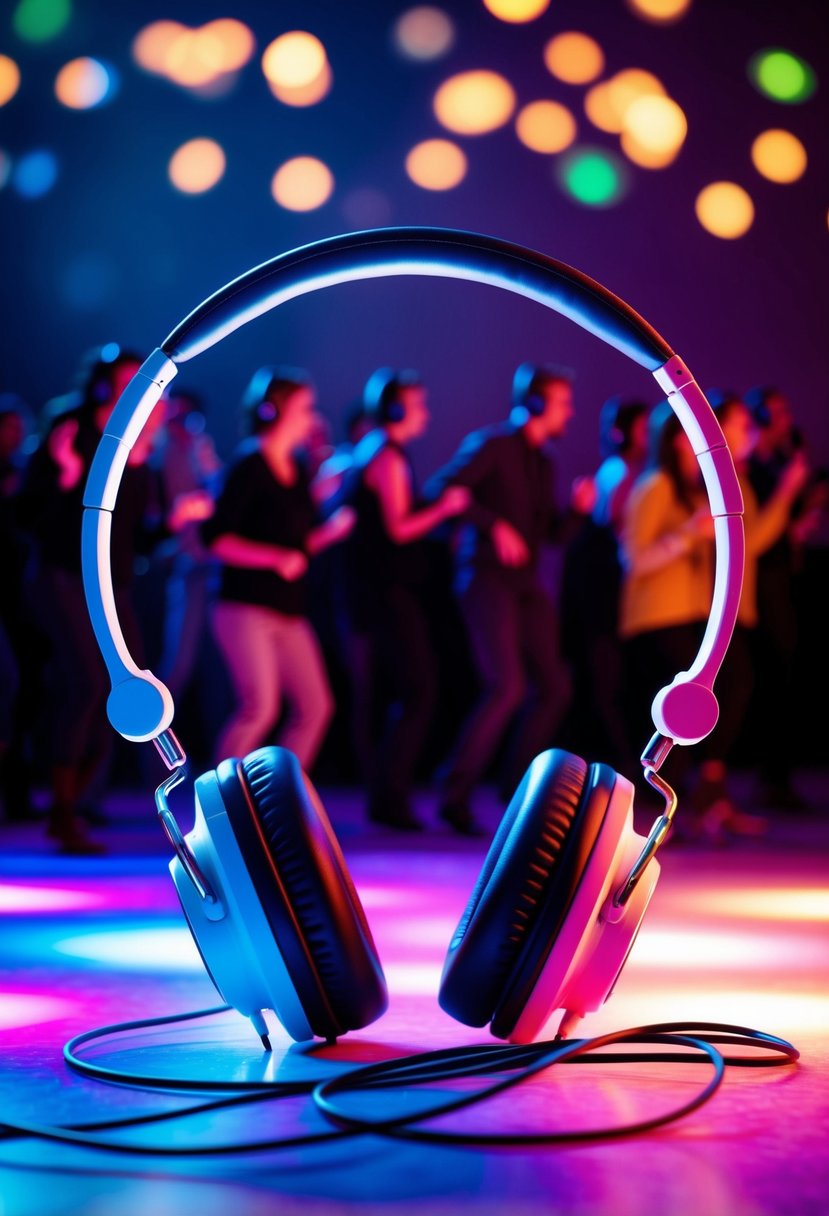 A colorful array of glowing headphones and a dance floor filled with people moving to the beat in silence