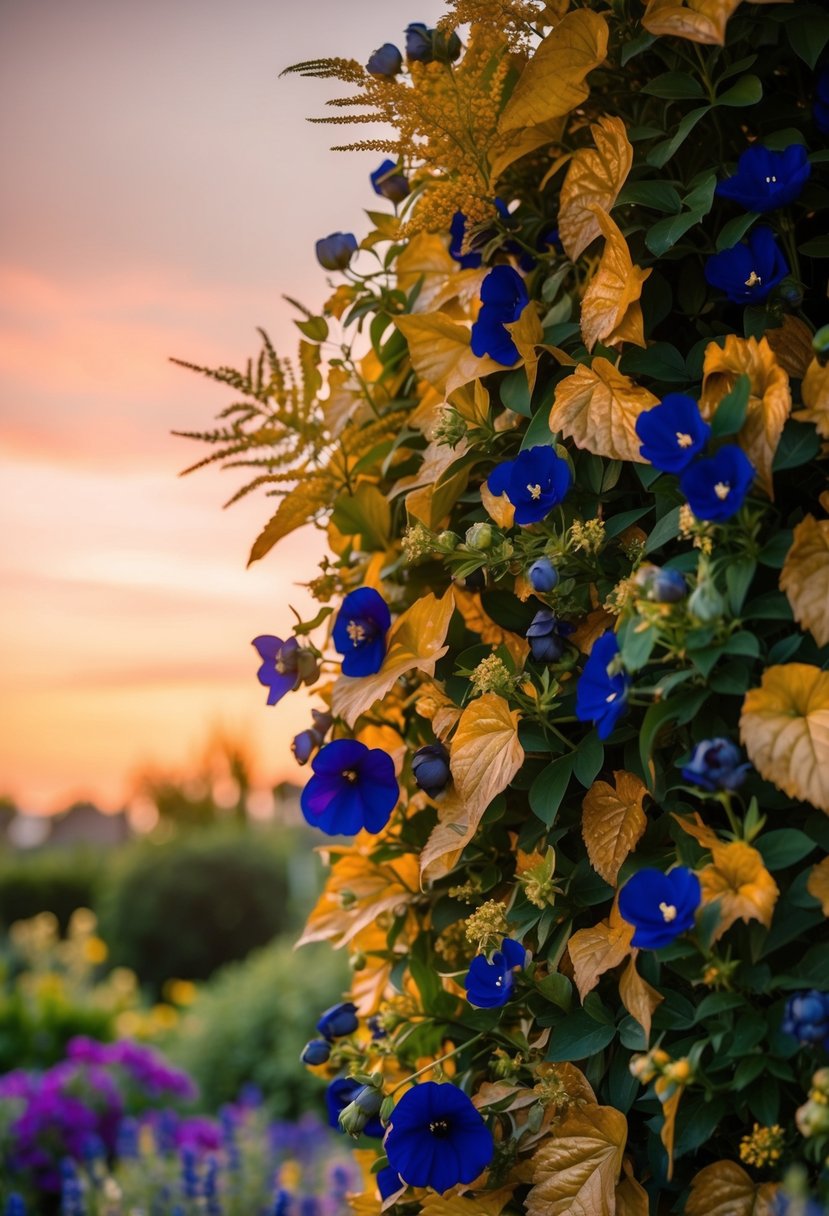 A lush garden with rich jewel-toned flowers, golden leaves, and deep blue accents, set against a backdrop of a warm, glowing sunset