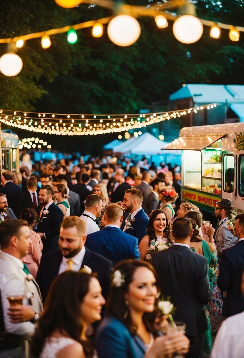 A lively food truck feast wedding after party with colorful lights, bustling crowds, and delicious aromas filling the air