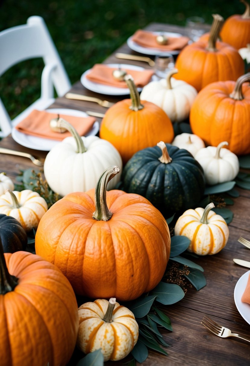 Pumpkins and gourds arranged in a rustic centerpiece for a fall wedding