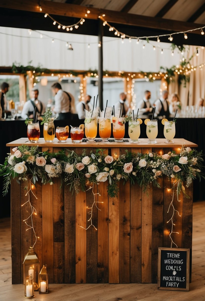 A rustic wooden bar adorned with fairy lights and floral arrangements, showcasing a variety of themed cocktails and mocktails for a wedding after-party