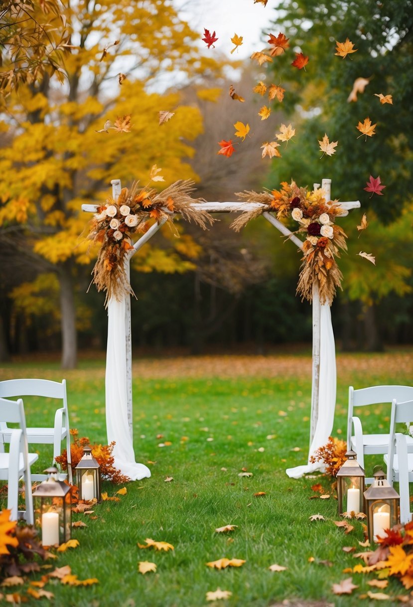 A serene outdoor setting with colorful falling leaves and a rustic wedding arch adorned with autumn decor