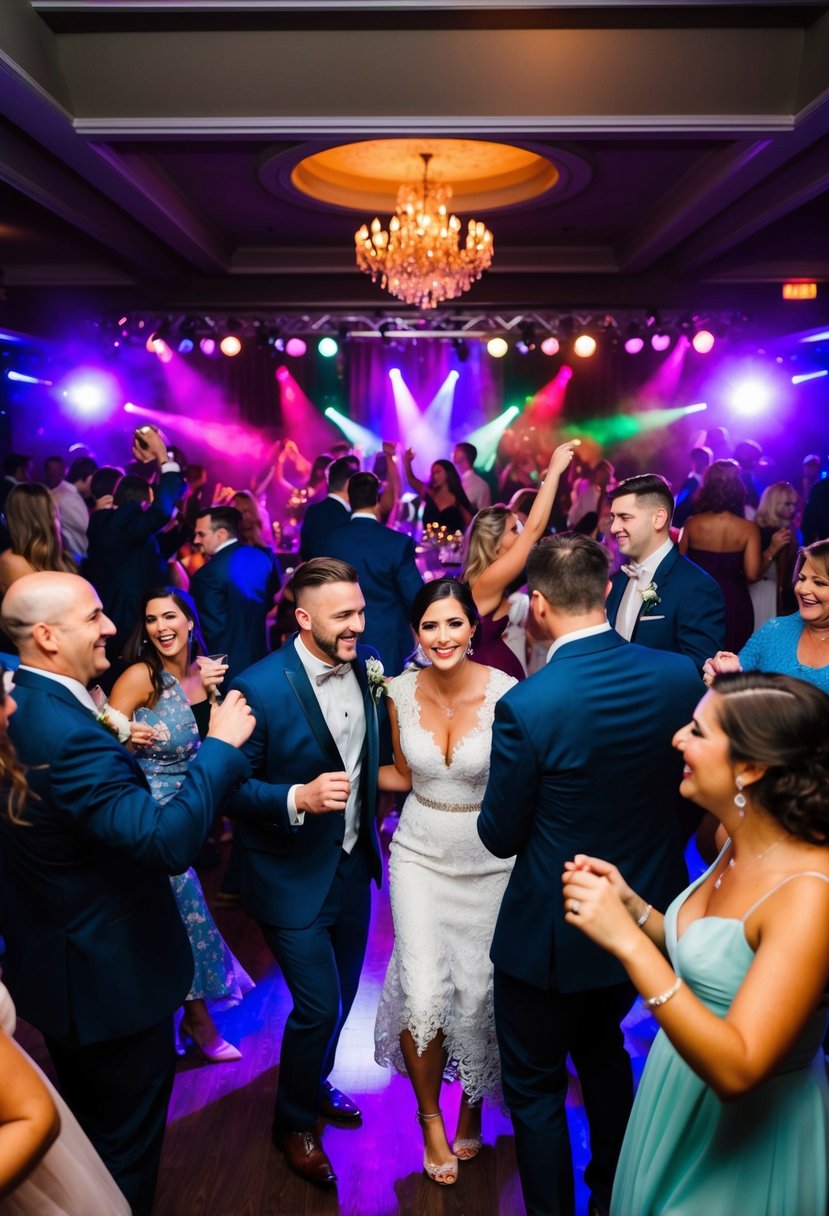 A lively wedding after party with a live band or DJ, surrounded by dancing guests and colorful lights