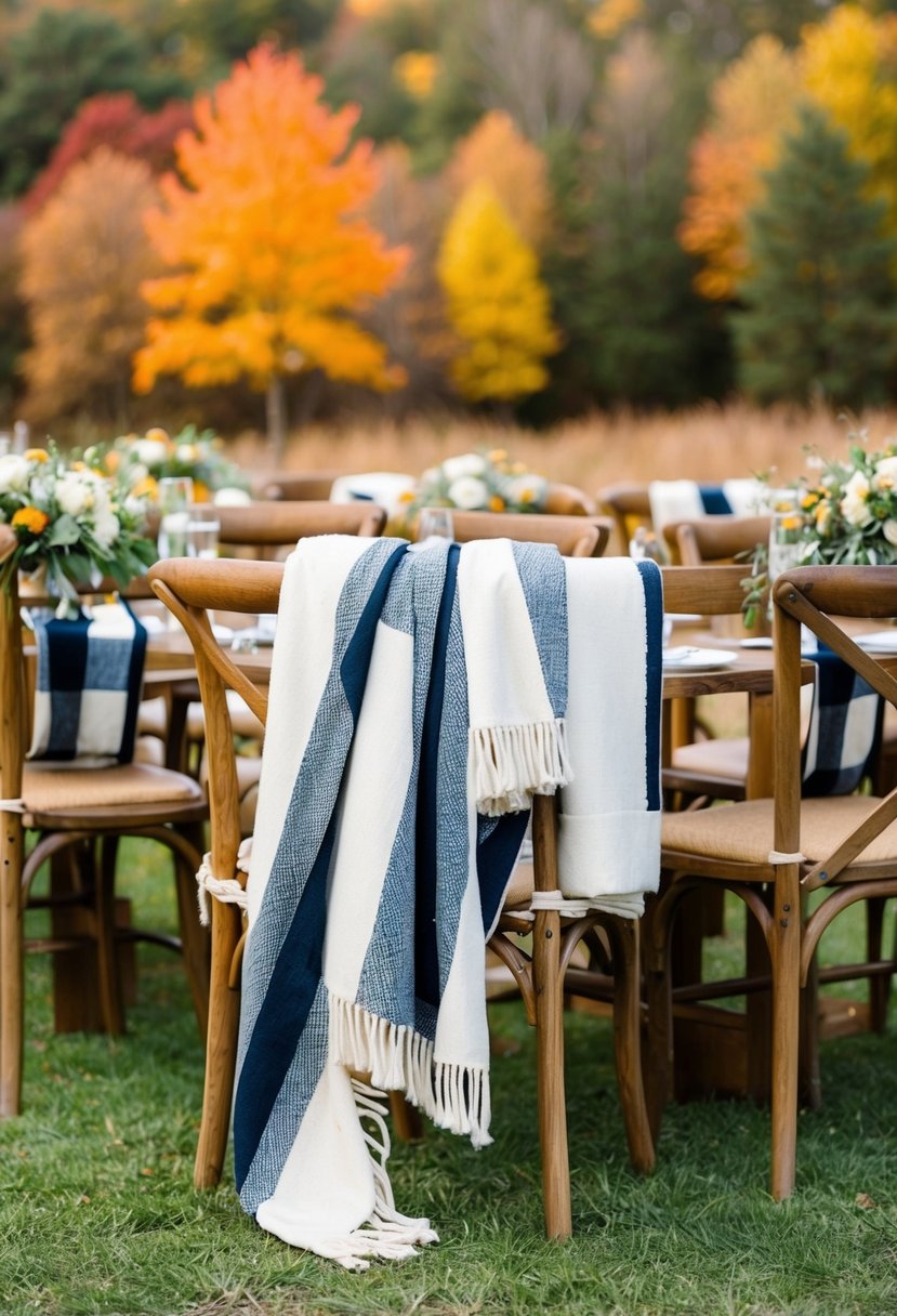 A rustic outdoor wedding reception with cozy blankets draped over wooden chairs, set against a backdrop of colorful autumn foliage