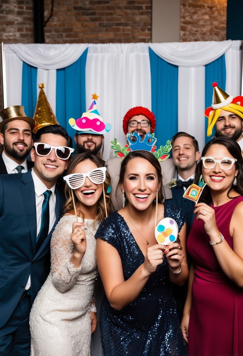 A festive photo booth with props and backdrops at a wedding after party