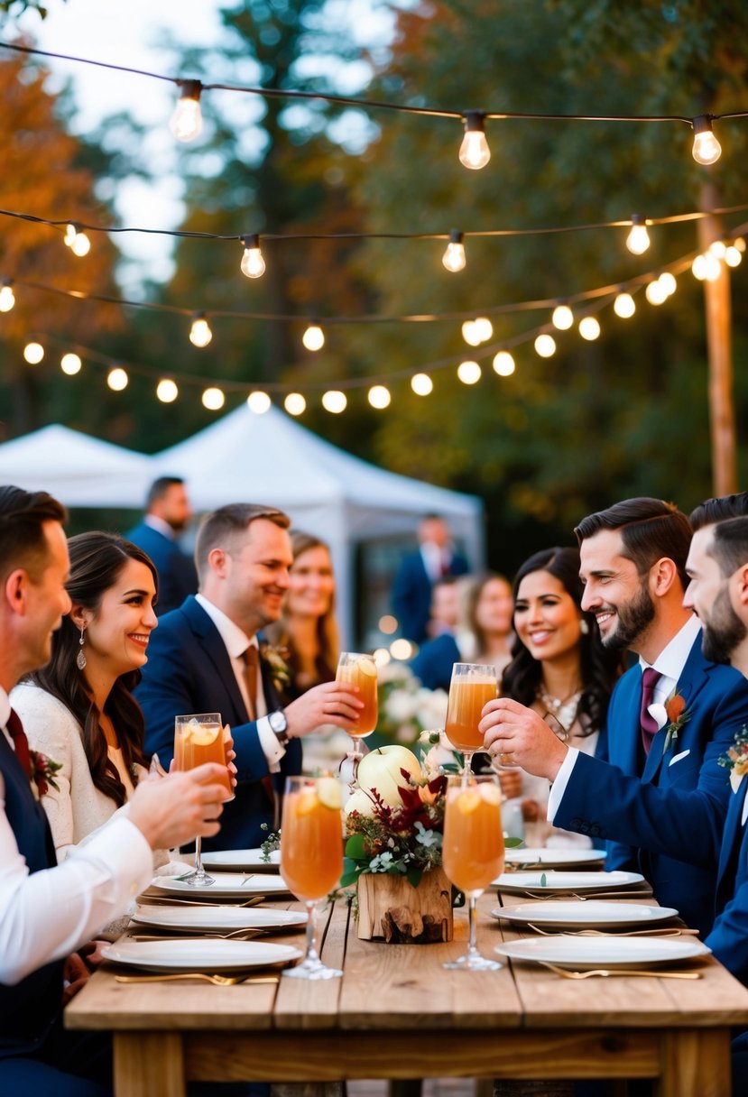 An outdoor fall wedding reception with guests enjoying apple cider cocktails under string lights