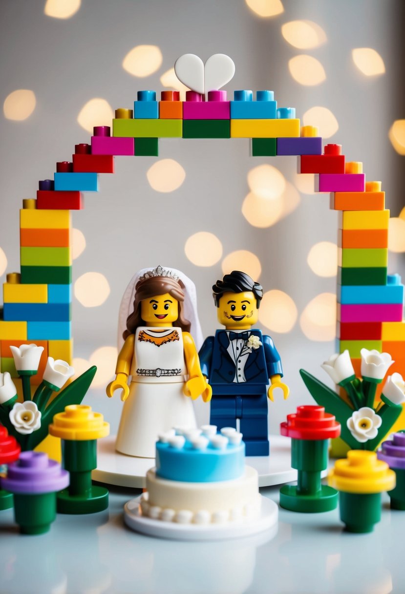 A colorful lego wedding arch with a bride and groom minifigures, surrounded by lego flower arrangements and a lego wedding cake