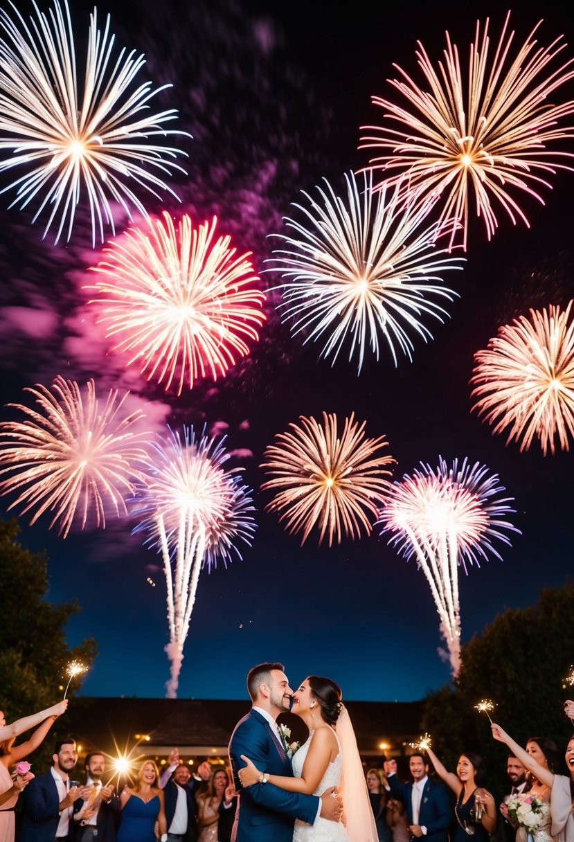 A night sky filled with colorful bursts of fireworks over a romantic wedding venue, illuminating the joyful faces of guests celebrating the newlywed couple