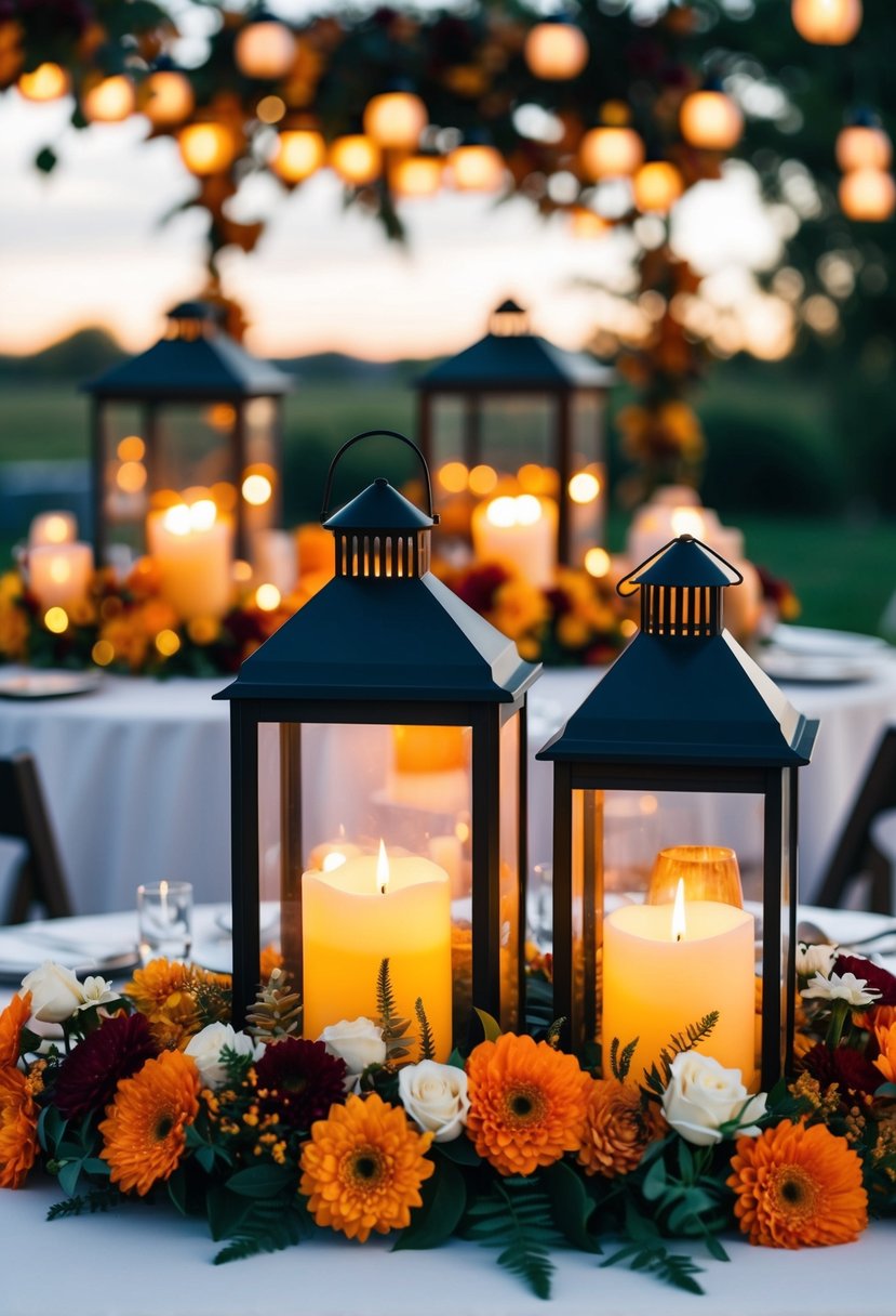 Lanterns adorned with flowers and flickering candles illuminate a romantic fall wedding setting