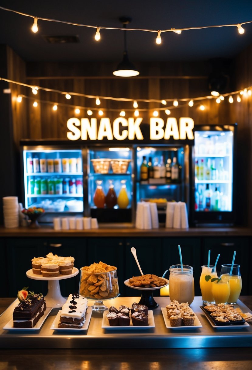 A dimly lit snack bar with a variety of late-night treats, drinks, and desserts. A cozy atmosphere with string lights and music for a wedding after party