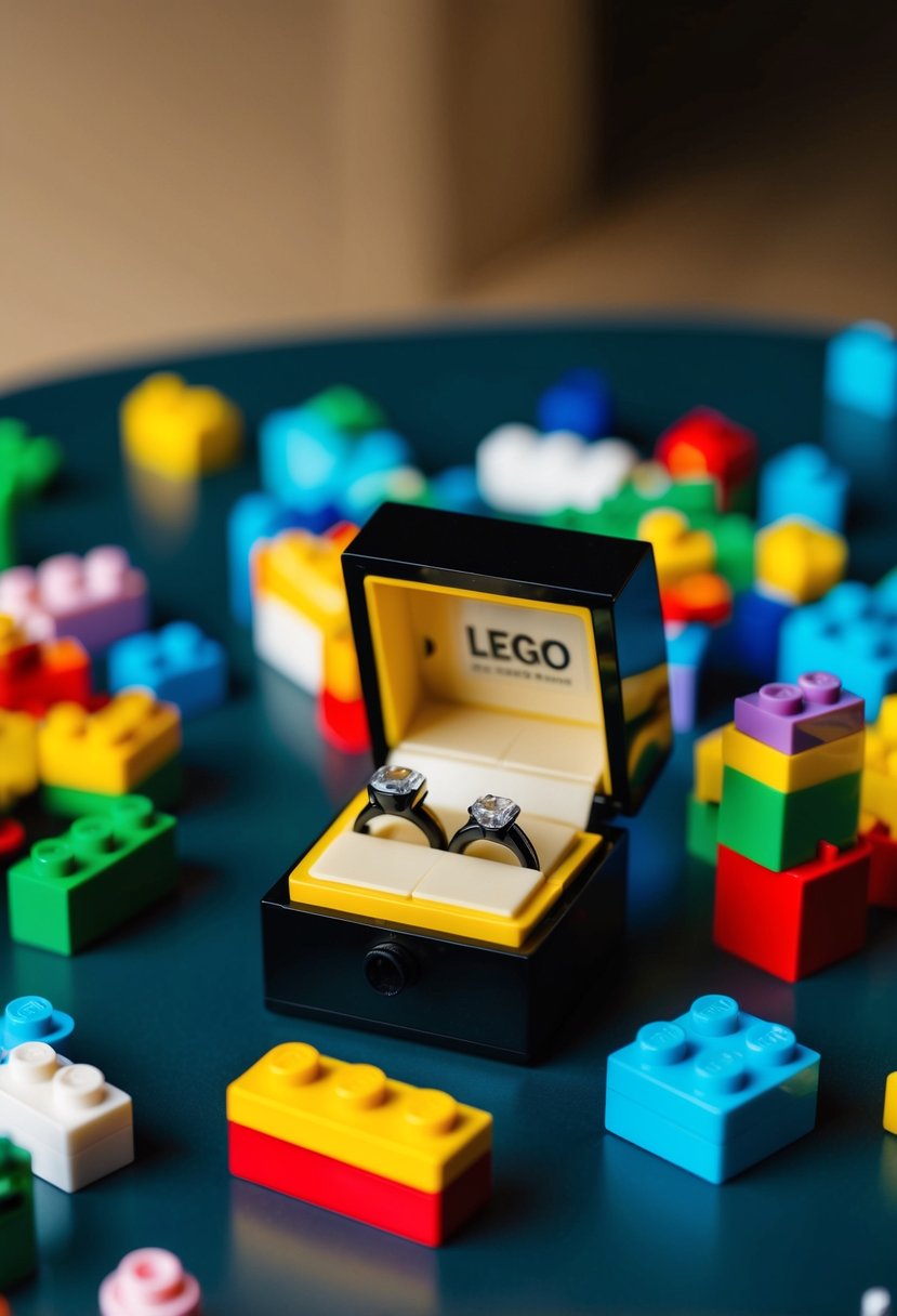 A small LEGO ring box sits on a table, surrounded by colorful LEGO bricks and pieces. The box is open, revealing two rings nestled inside