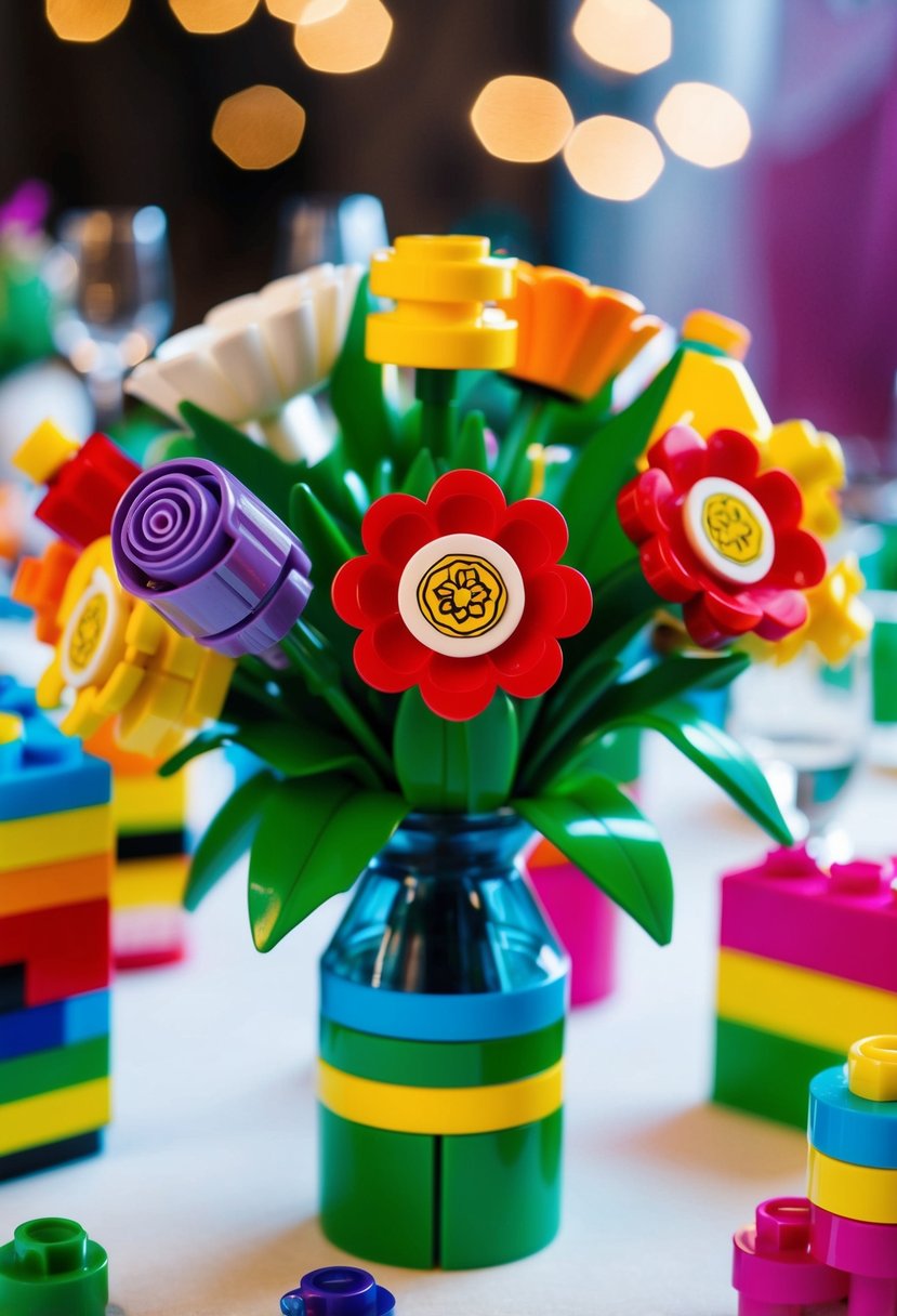 A colorful LEGO flower bouquet arranged in a vase, surrounded by other LEGO wedding decor and accessories