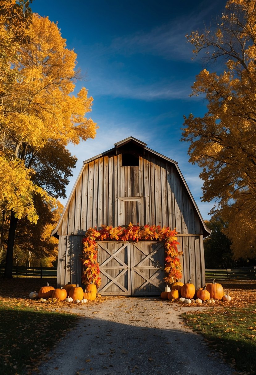 A rustic barn adorned with autumn leaves and pumpkins, set against a backdrop of golden trees and a crisp blue sky