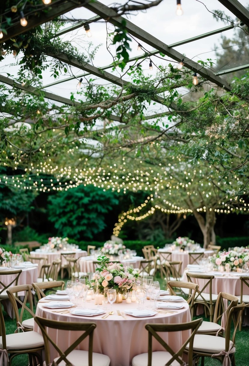 A garden-themed wedding after party with fairy lights, floral centerpieces, and a canopy of greenery. Tables are adorned with pastel linens and surrounded by blooming flowers