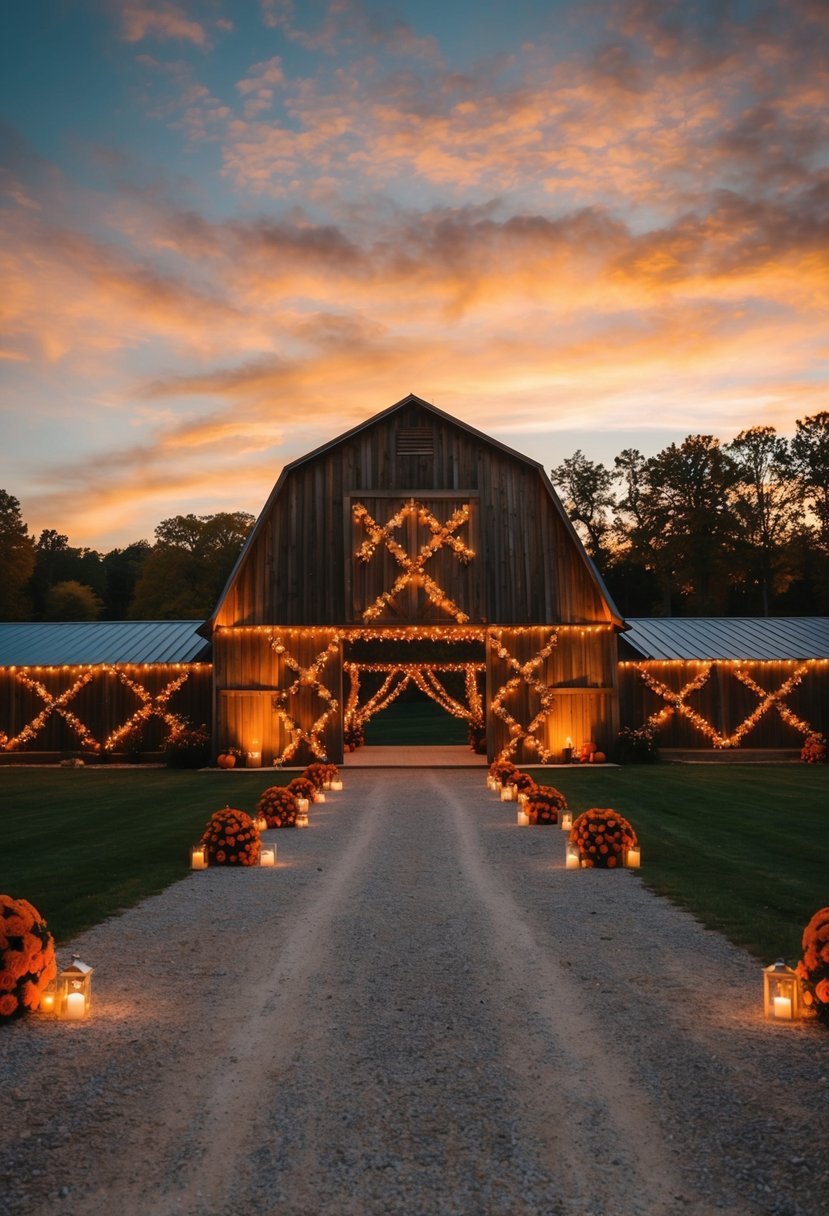 A golden sunset illuminates a rustic barn adorned with orange floral arrangements and twinkling lights for a fall wedding celebration