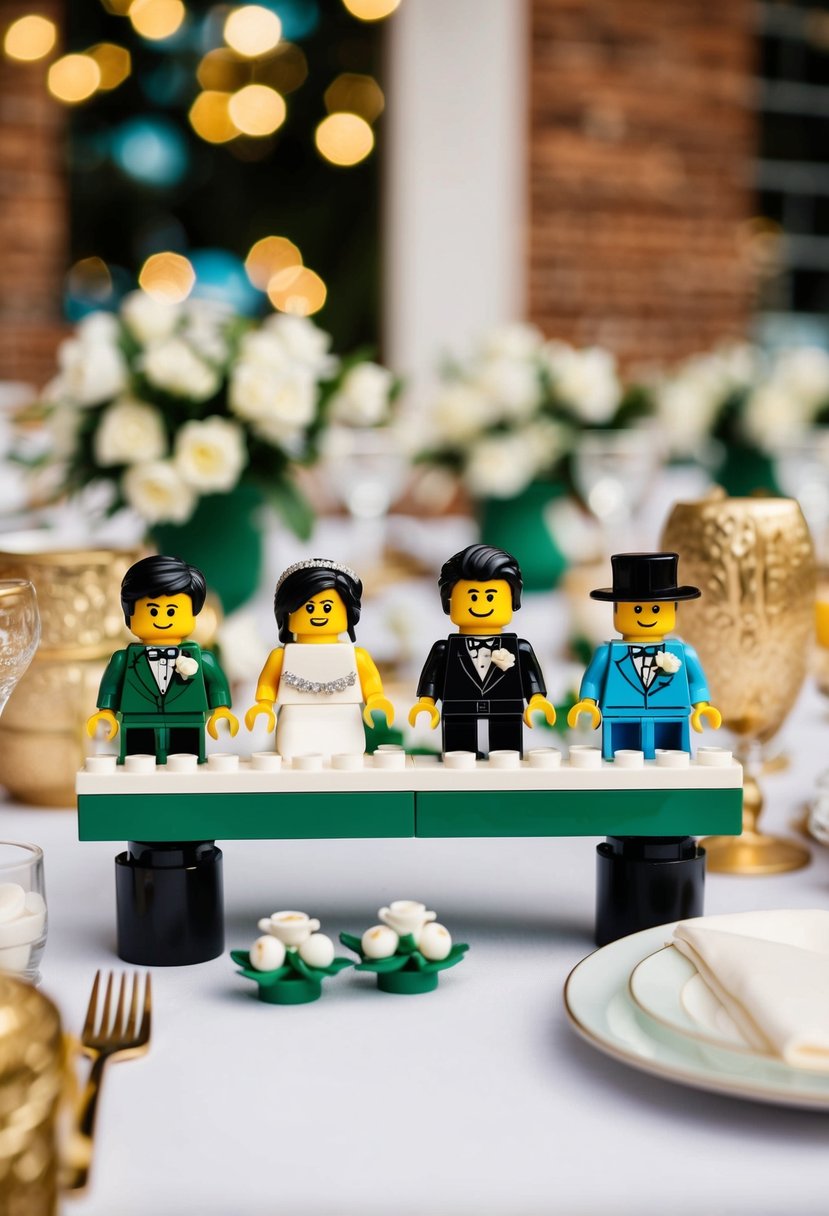 A LEGO table set with mini figures in wedding attire, surrounded by wedding-themed LEGO decorations