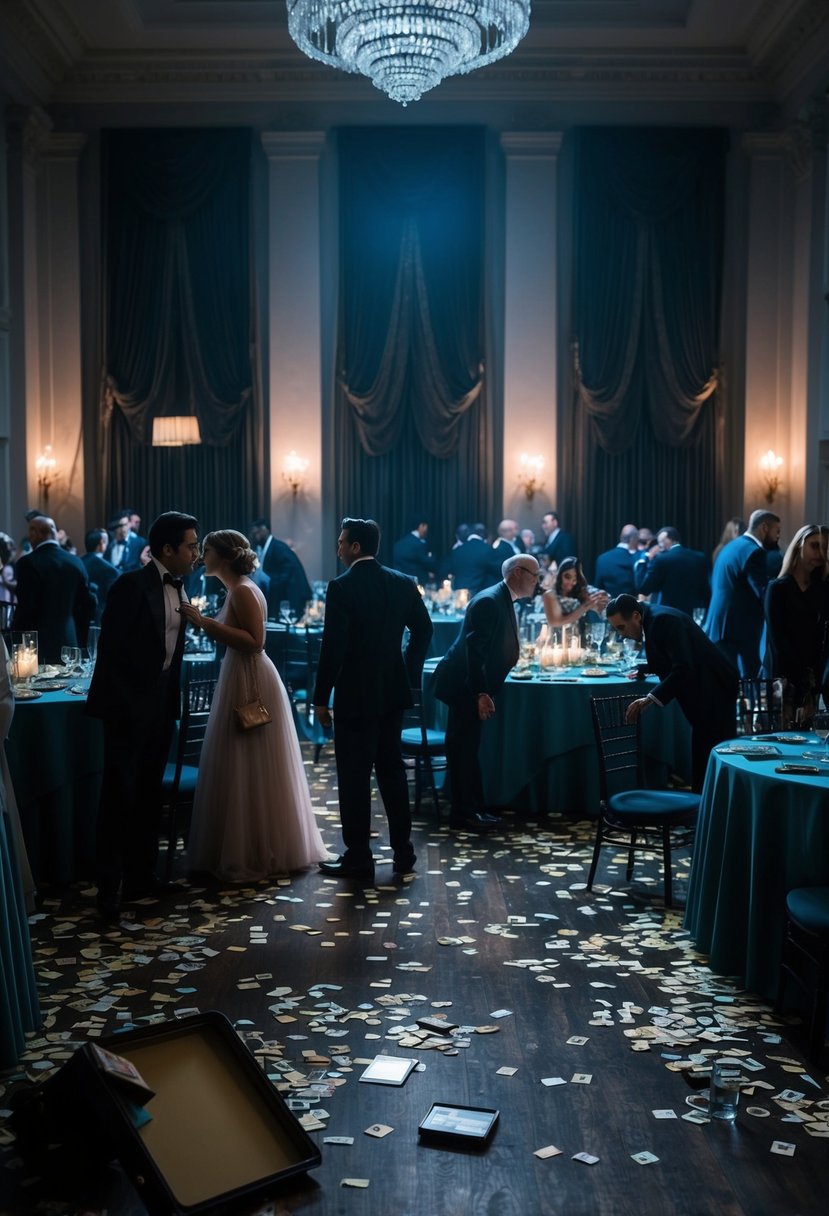 A dimly lit ballroom with scattered clues and overturned tables, guests whispering and pointing fingers, a mysterious figure lurking in the shadows