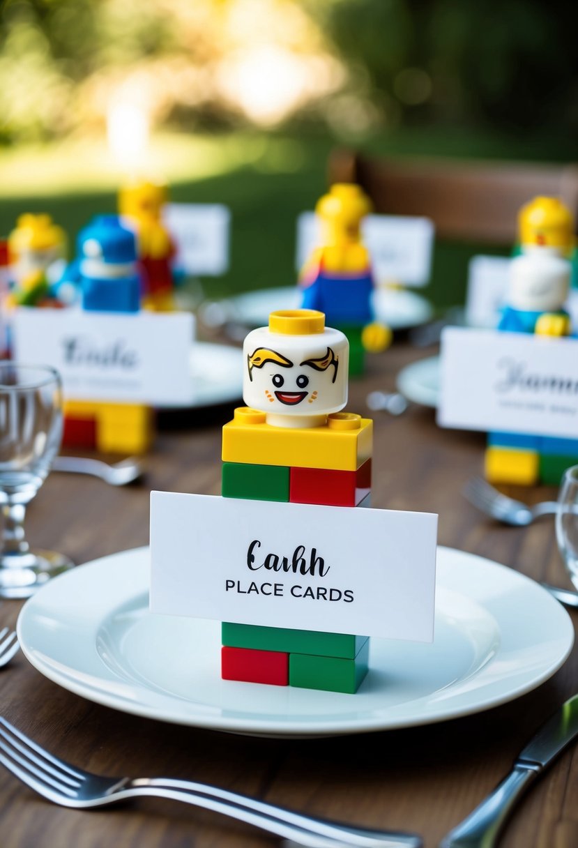 A table set with custom LEGO place cards for a wedding, each card featuring unique designs and colors, adding a playful and personalized touch to the event