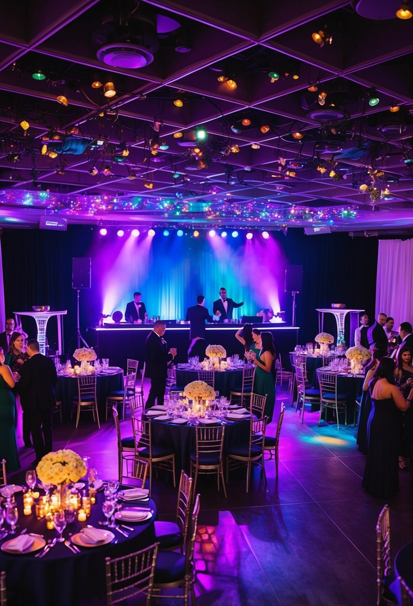 A lively dance floor with colorful lights, a DJ booth, and a bar serving cocktails. Tables are adorned with elegant centerpieces, and guests mingle and celebrate