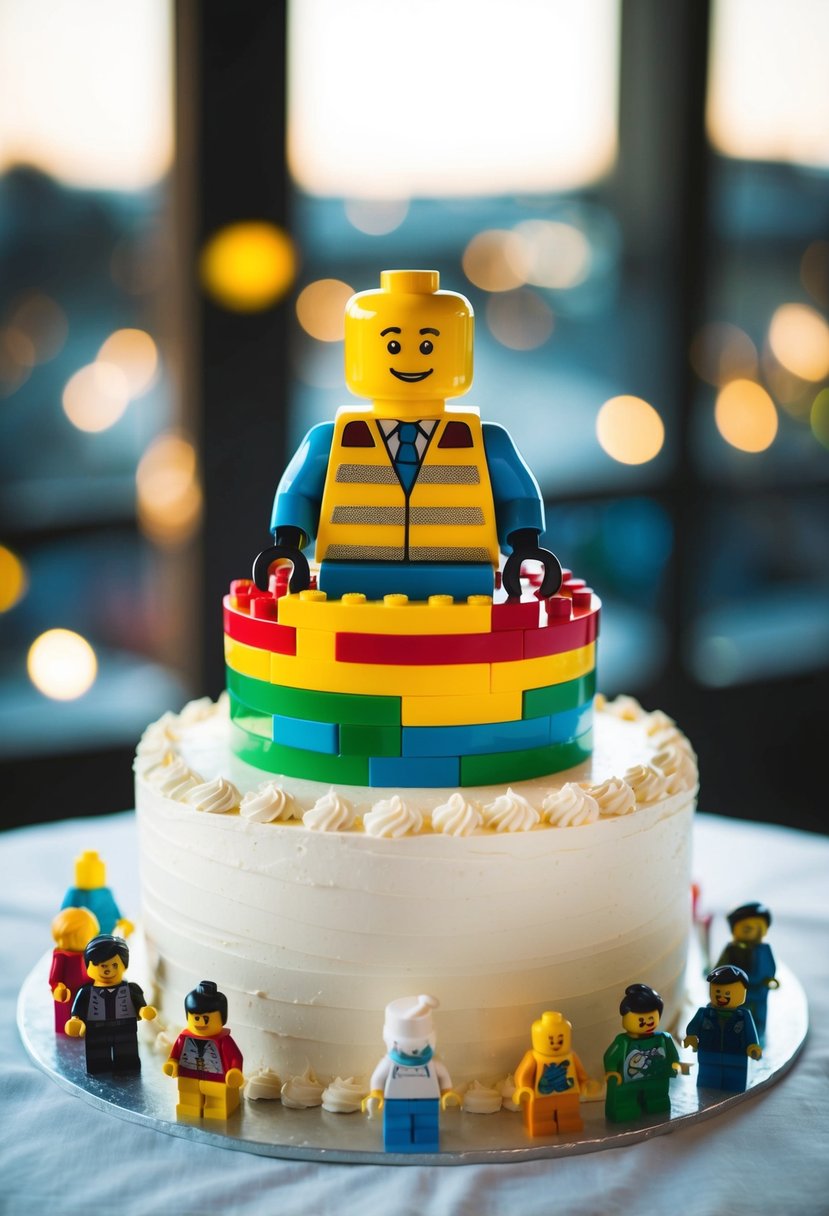 A LEGO cake topper sits atop a wedding cake, surrounded by colorful bricks and mini figures