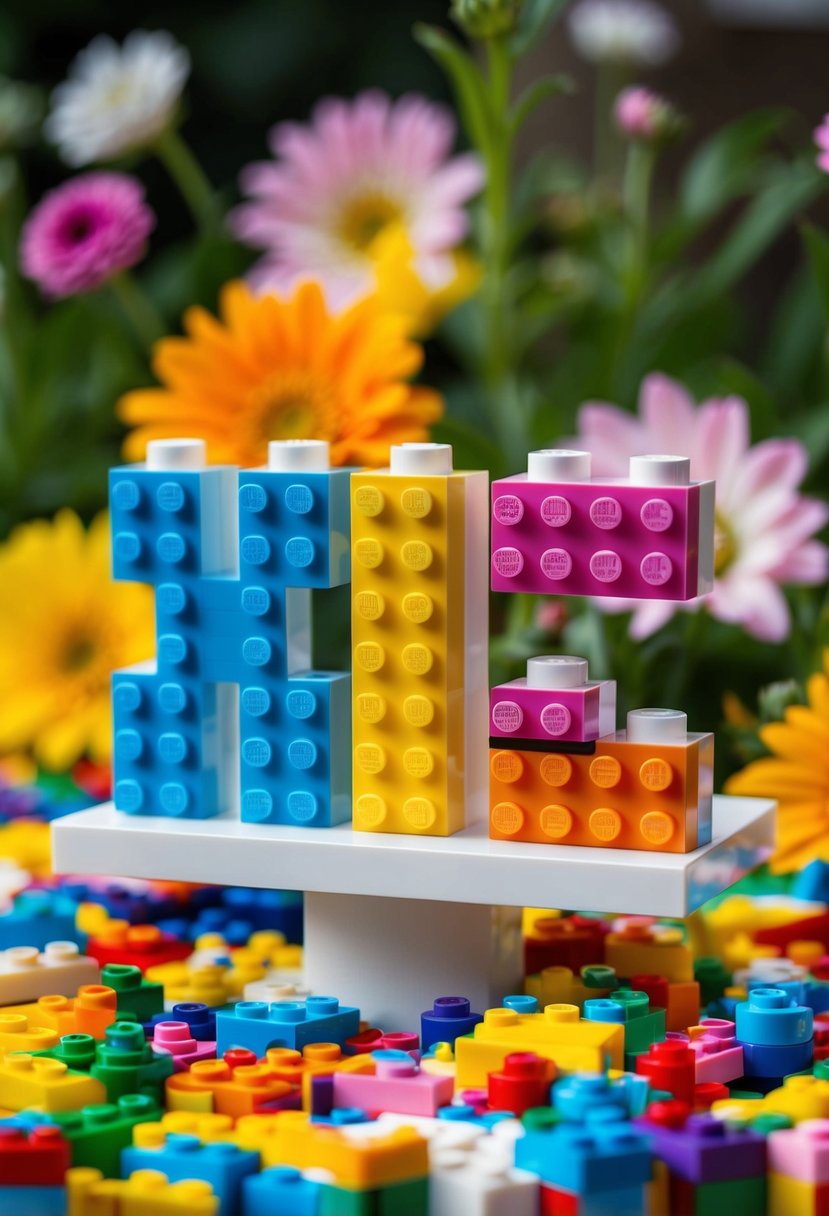 Custom LEGO initials arranged on a white display stand, surrounded by colorful LEGO bricks and flowers