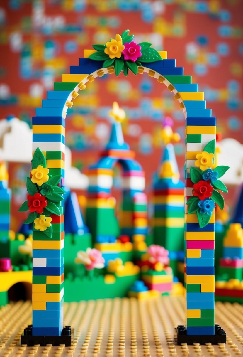 A LEGO wedding arch adorned with colorful bricks and flowers, set against a backdrop of a whimsical brick-built landscape