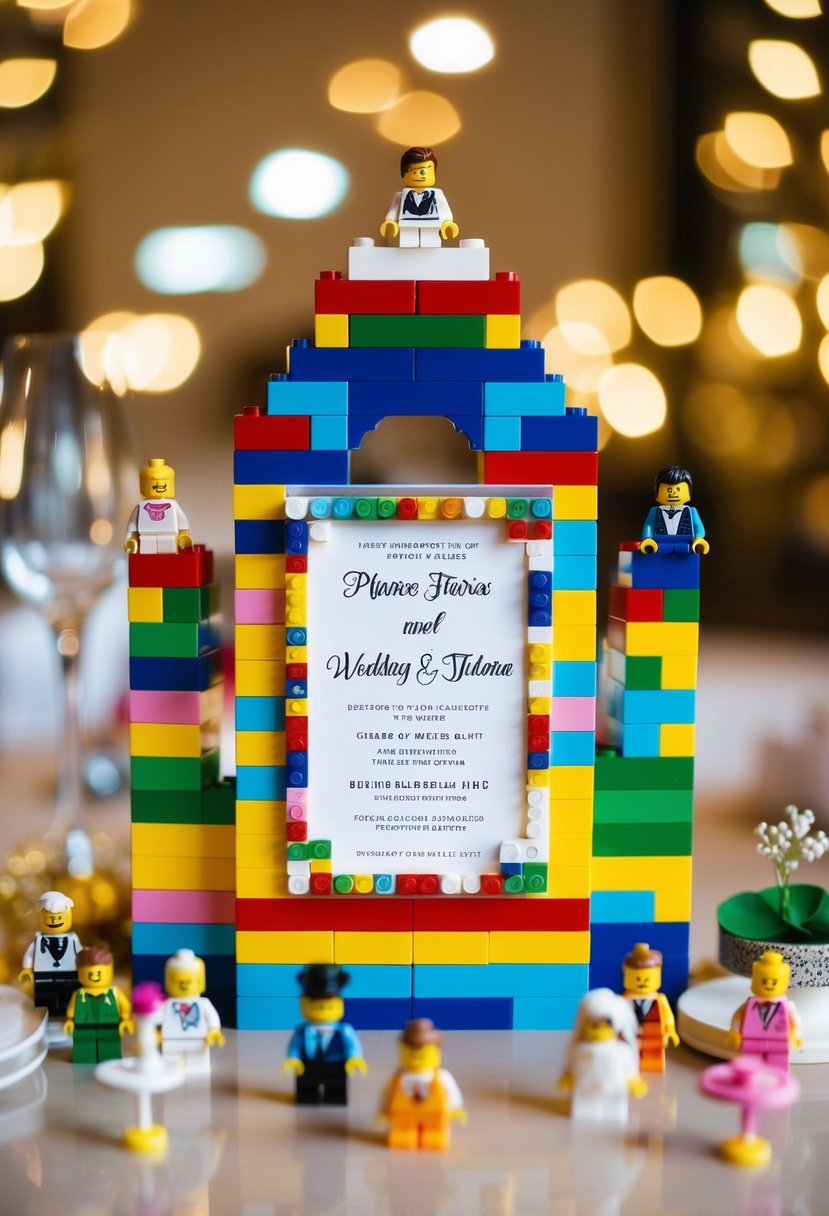 A colorful stack of LEGO bricks arranged to form a wedding invitation, surrounded by tiny LEGO figurines and wedding-themed accessories