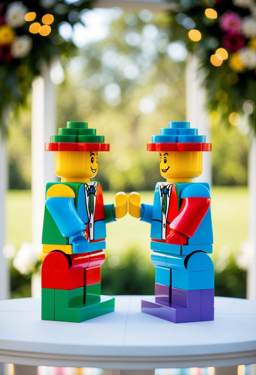 A colorful LEGO unity ceremony set on a wedding altar, with interlocking bricks symbolizing unity and love