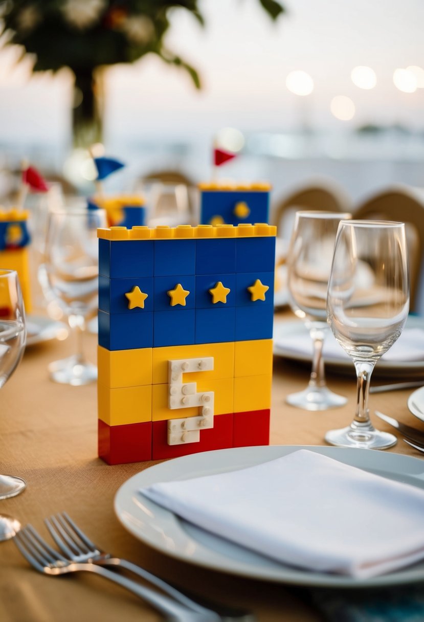 A table set with LEGO flag table numbers for a wedding