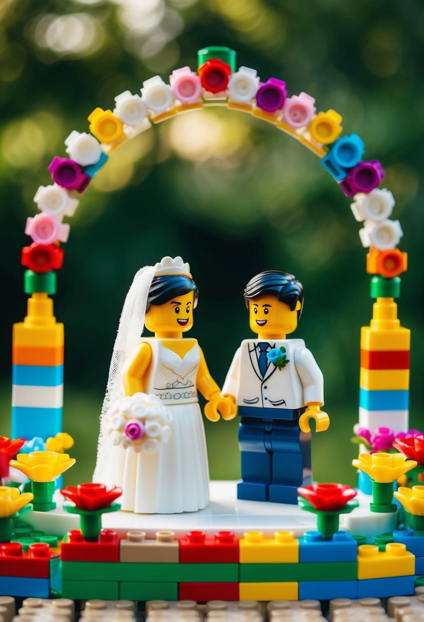 A bride and groom LEGO mini figures stand facing each other at a miniature wedding altar, surrounded by colorful LEGO bricks and flowers