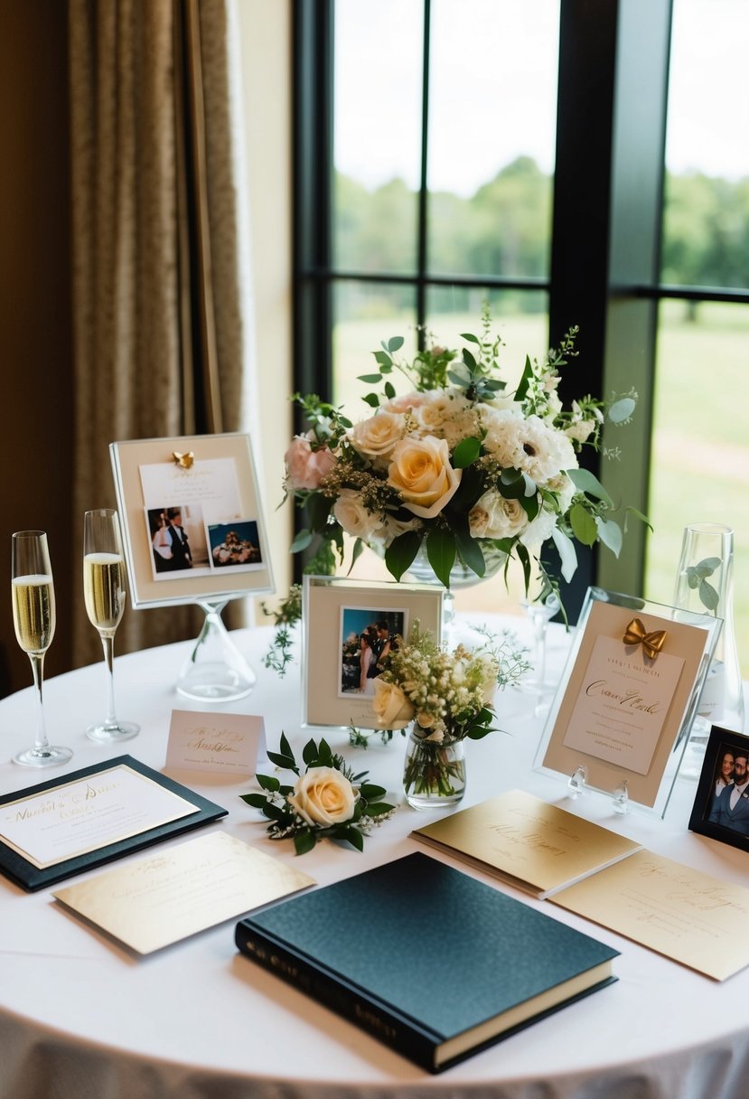 A table adorned with wedding memorabilia: invitations, photos, flowers, and a guest book. A pair of champagne flutes and a cake topper complete the display