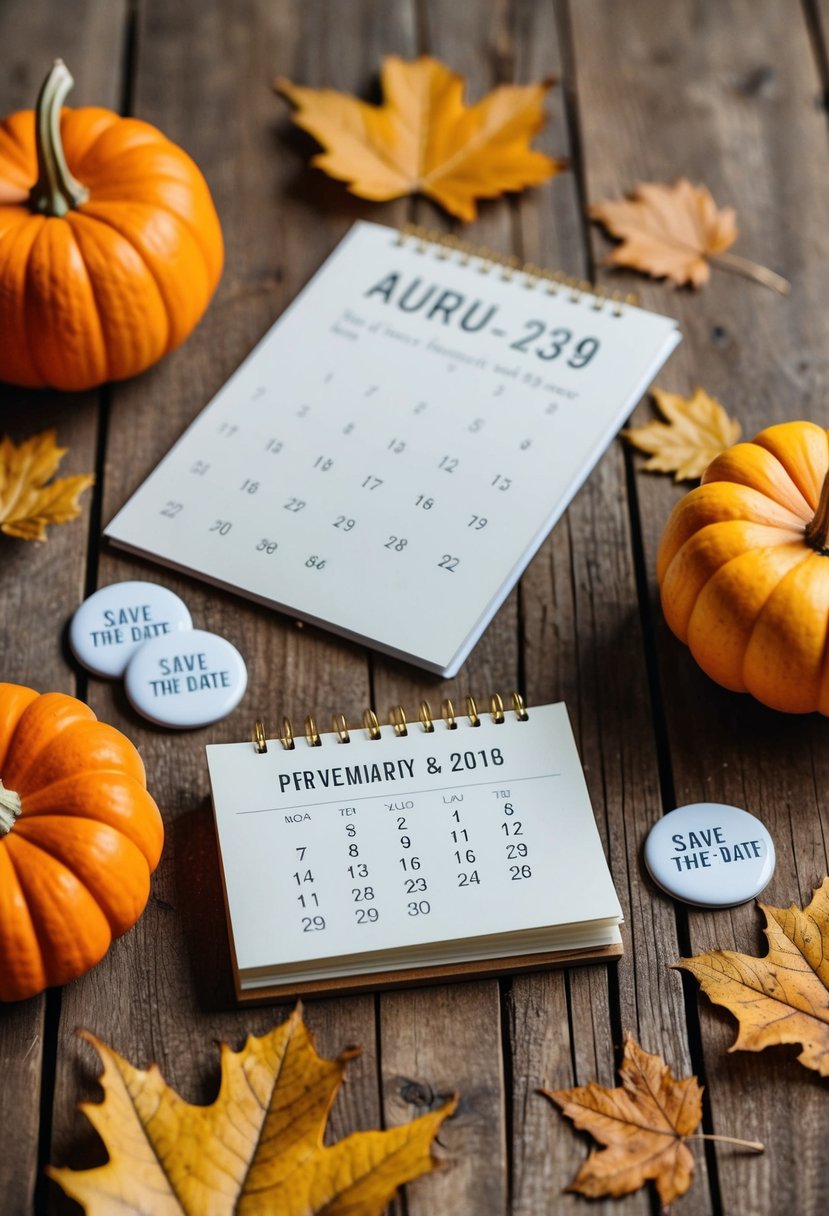 A rustic wooden table with autumn leaves, pumpkins, and a calendar surrounded by handmade save-the-date magnets