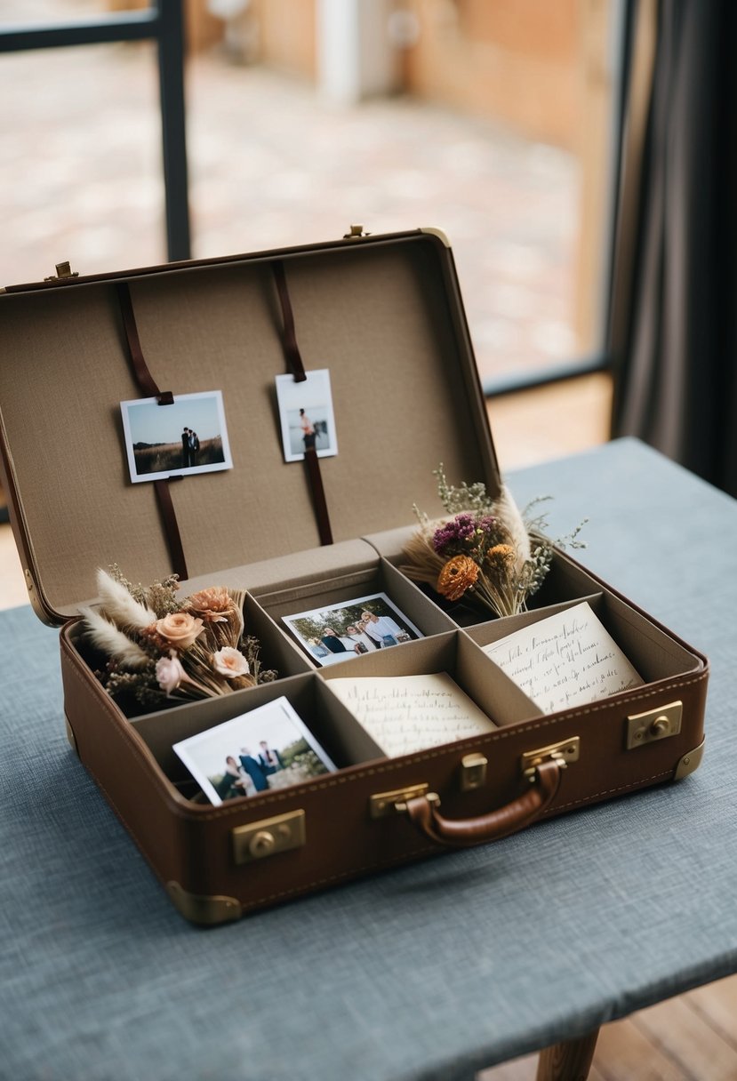 A vintage suitcase open on a table, filled with wedding memorabilia like photos, dried flowers, and handwritten notes