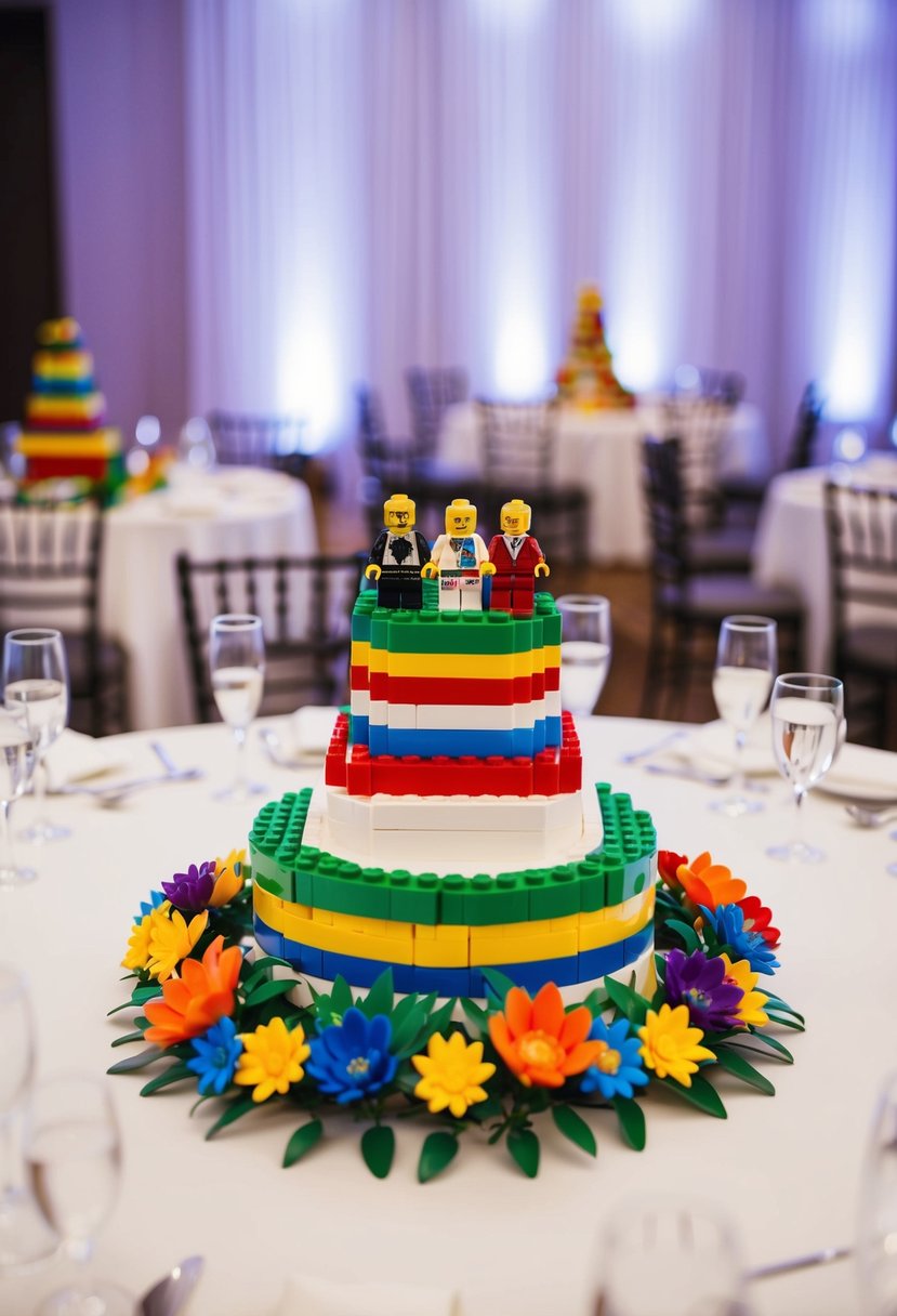 A wedding reception table adorned with LEGO centerpiece decorations in the form of a LEGO brick wedding cake, mini figures, and colorful LEGO flower arrangements