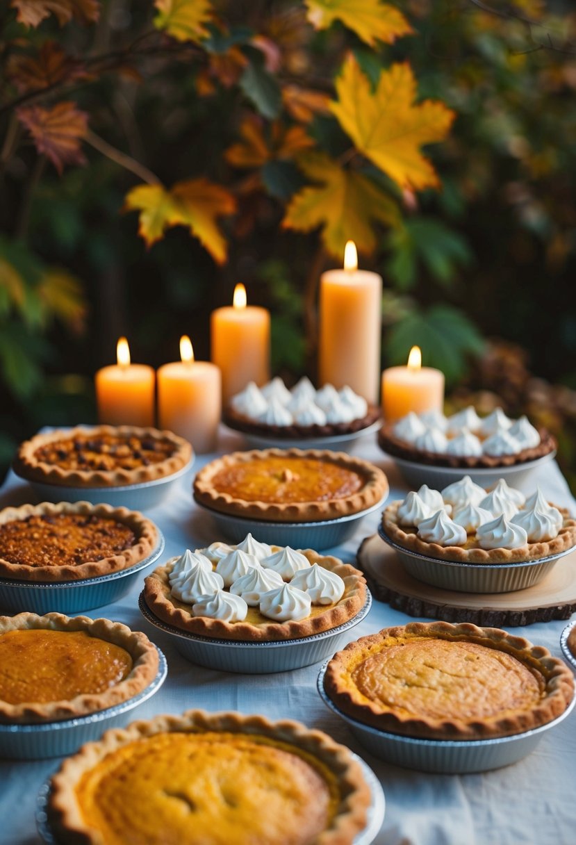 A dessert table adorned with an array of seasonal pies, set against a backdrop of autumn foliage and warm candlelight