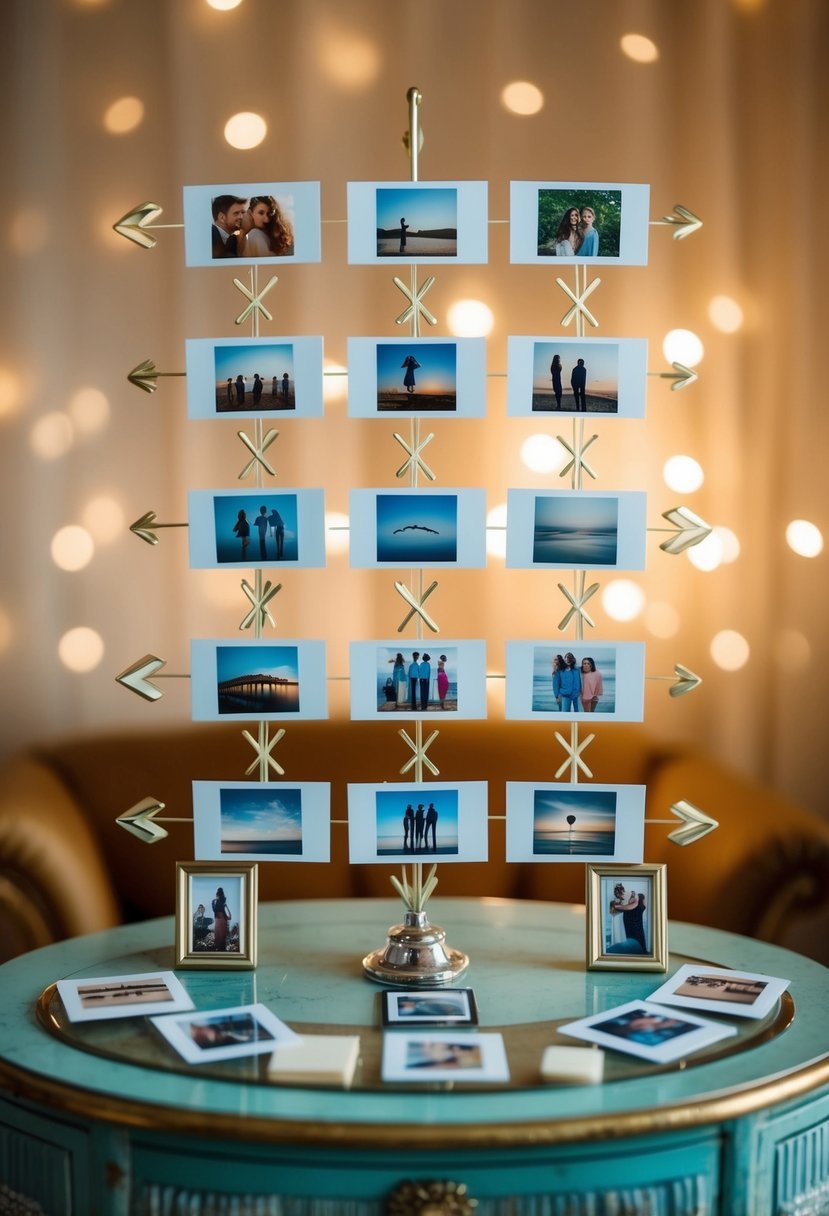 A timeline of relationship milestones illustrated with symbolic objects and photographs, arranged on a vintage table with soft lighting