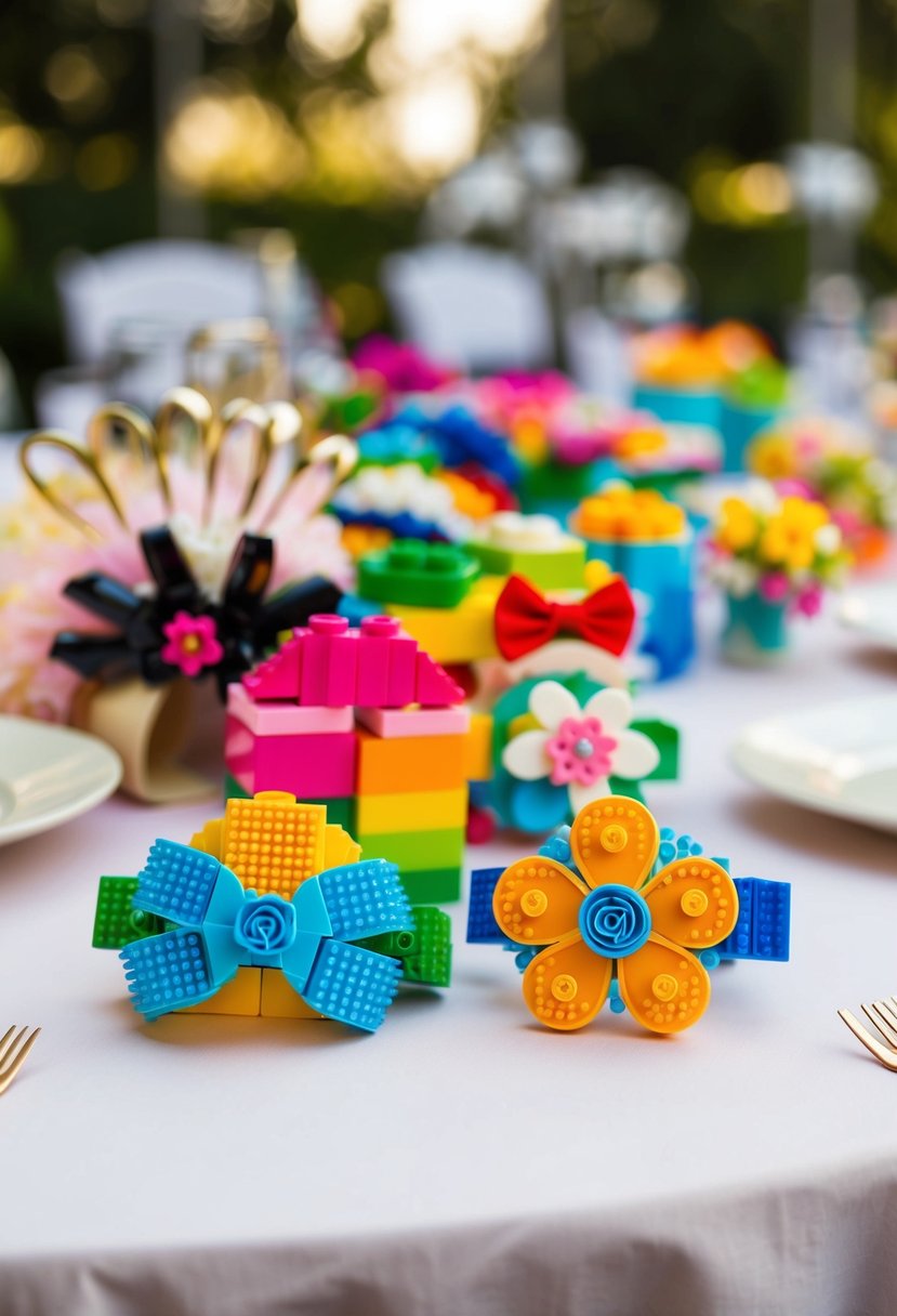 A colorful array of LEGO hair accessories adorns a wedding table, including brick-built tiaras, bows, and flower clips