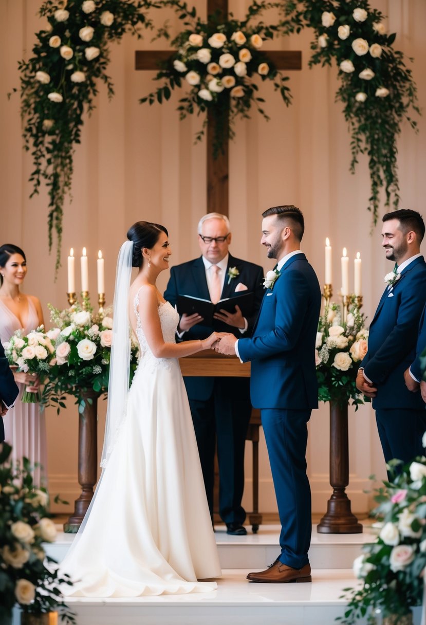 A bride and groom standing at the altar, surrounded by flowers and candles, exchanging heartfelt vows in front of their friends and family