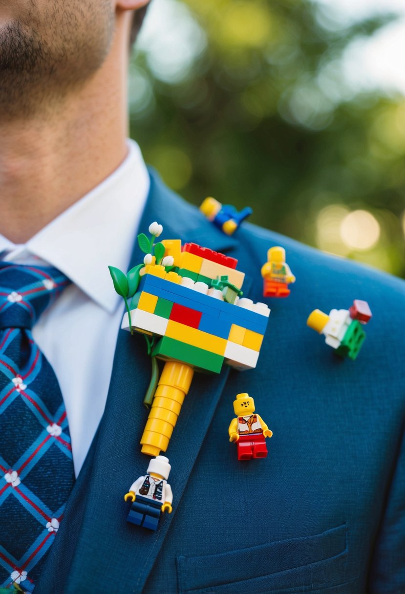 A LEGO boutonniere pinned to a groom's lapel, surrounded by colorful bricks and mini figures