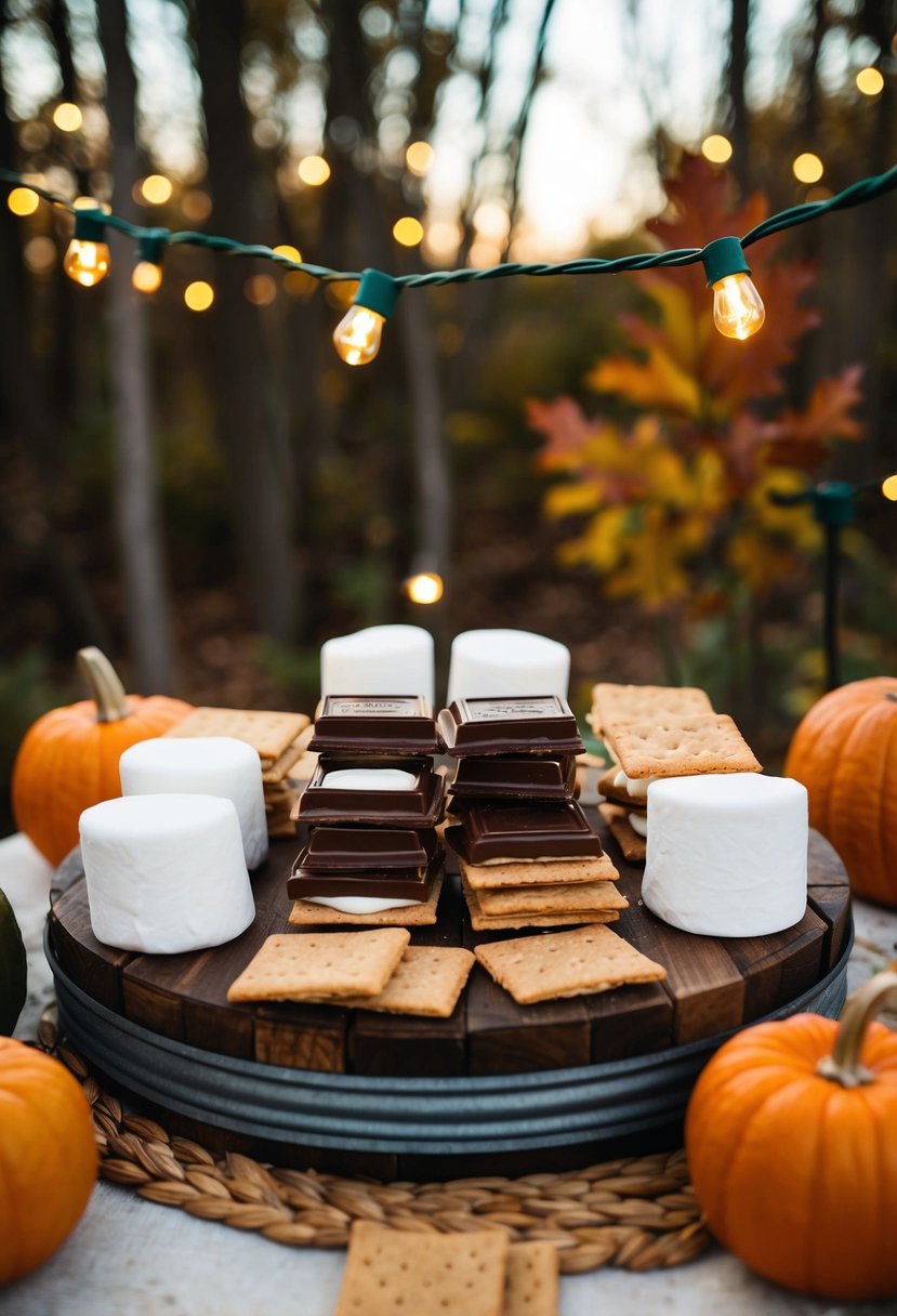 A rustic s'mores bar set up with a variety of marshmallows, chocolate, and graham crackers, surrounded by fall foliage and warm string lights