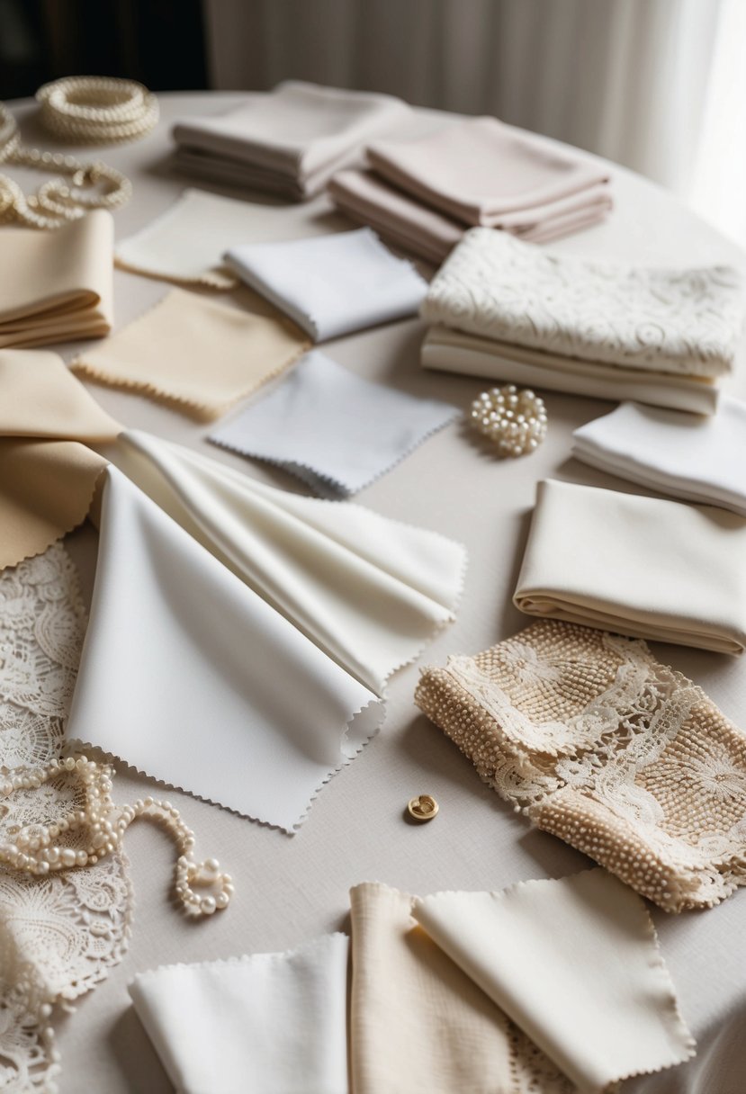 A table scattered with fabric swatches in various shades of white, cream, and ivory, along with lace and beading samples